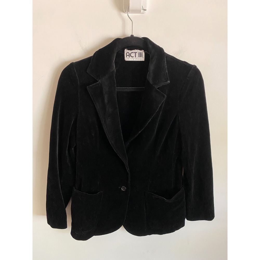Vintage Act III Black Velvet Blazer Single Button Notched Lapel Jacket WPL 9442